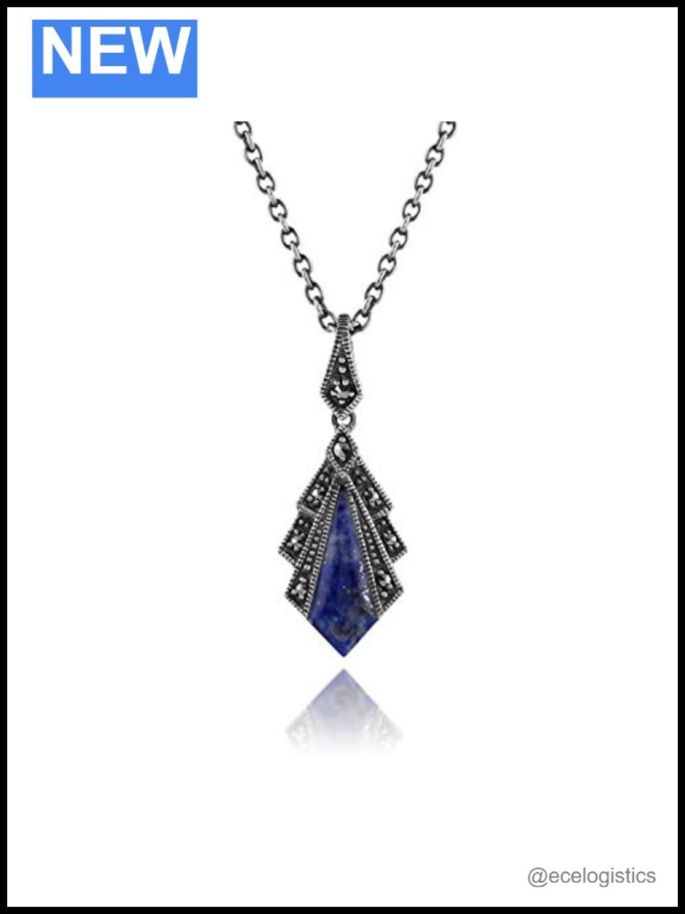 925 Sterling Silver Square Lapis Lazuli & Onyx Marcasite Pendant Necklace